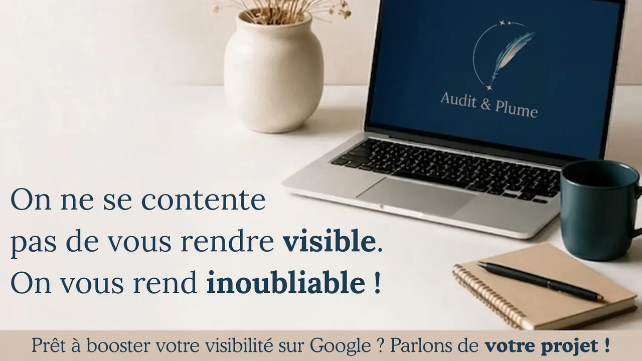 Bureau lumineux d'Audit & Plume : ordinateur portable affichant le logo, carnet et stylo.