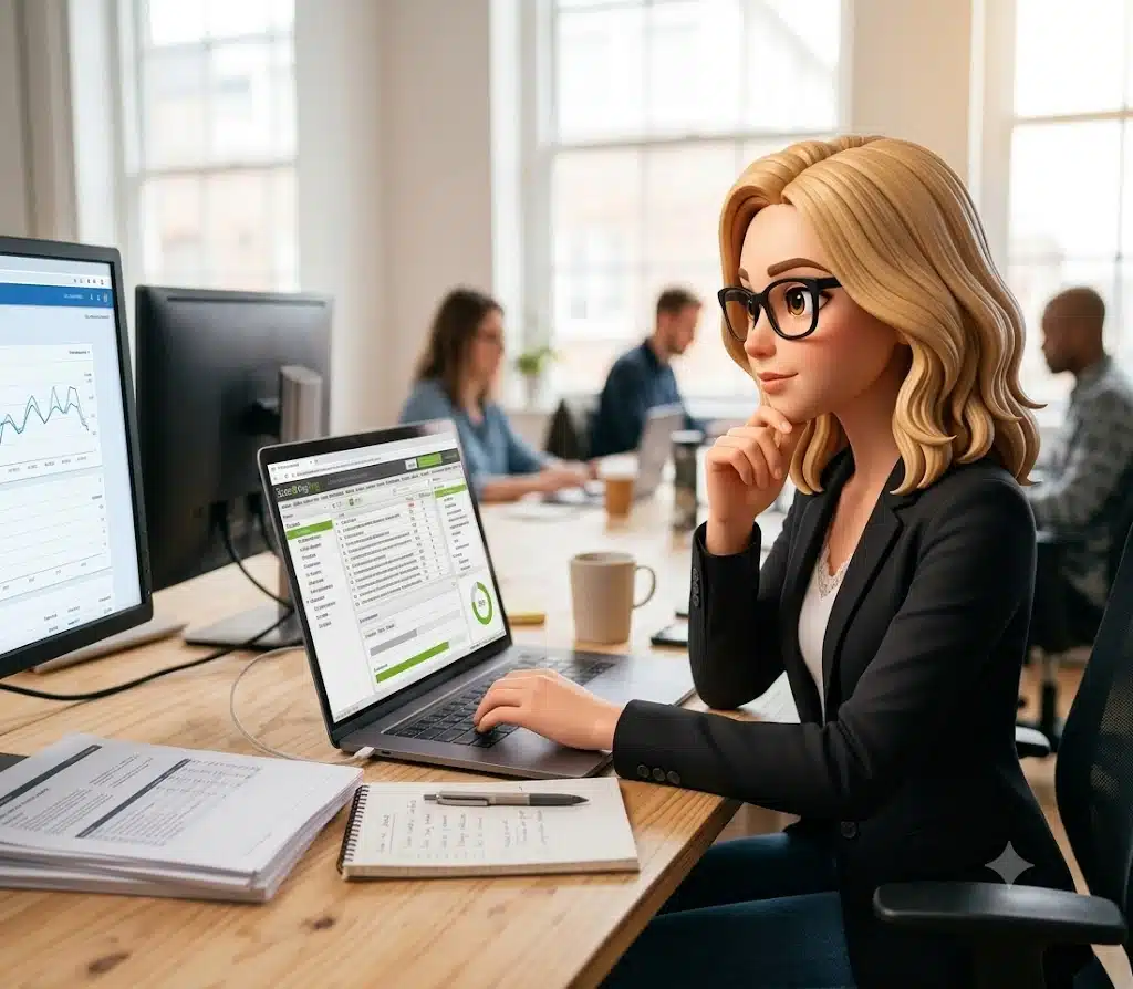 Avatar de Manon d'Audit & Plume réalisant un audit SEO sur son ordinateur dans un bureau.