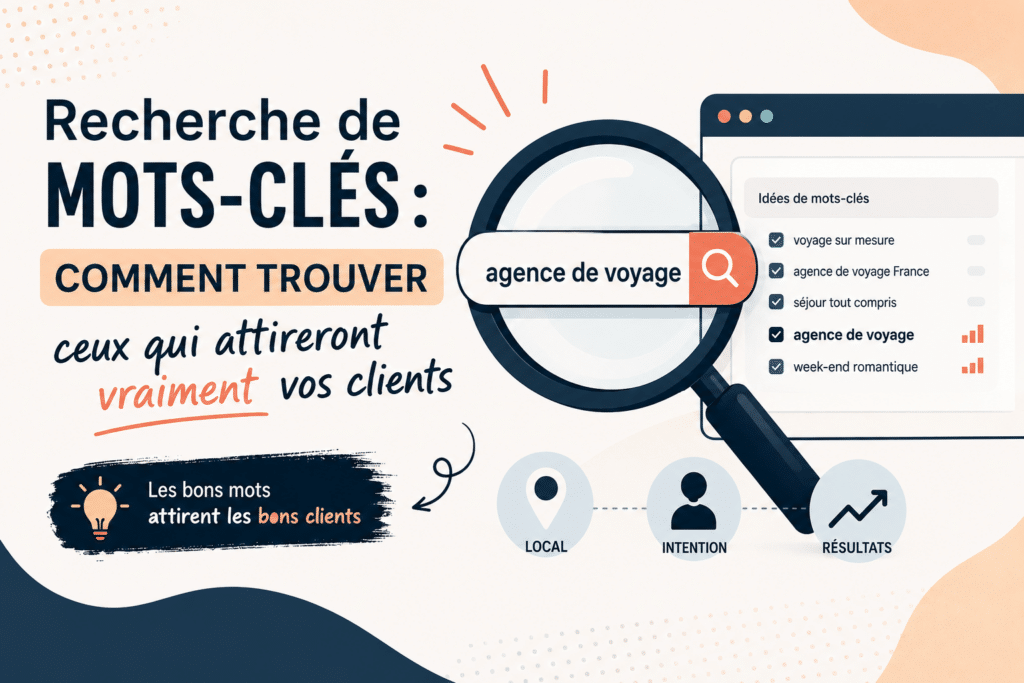 Illustration de recherche de mots-clés SEO avec l'exemple "agence de voyage"