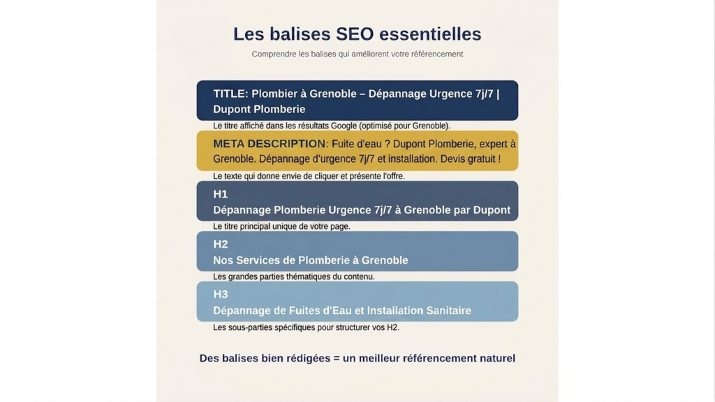 Infographie explicative des balises SEO essentielles : title, meta description, H1, H2 et H3, illustrées avec des exemples concrets pour un plombier à Grenoble.