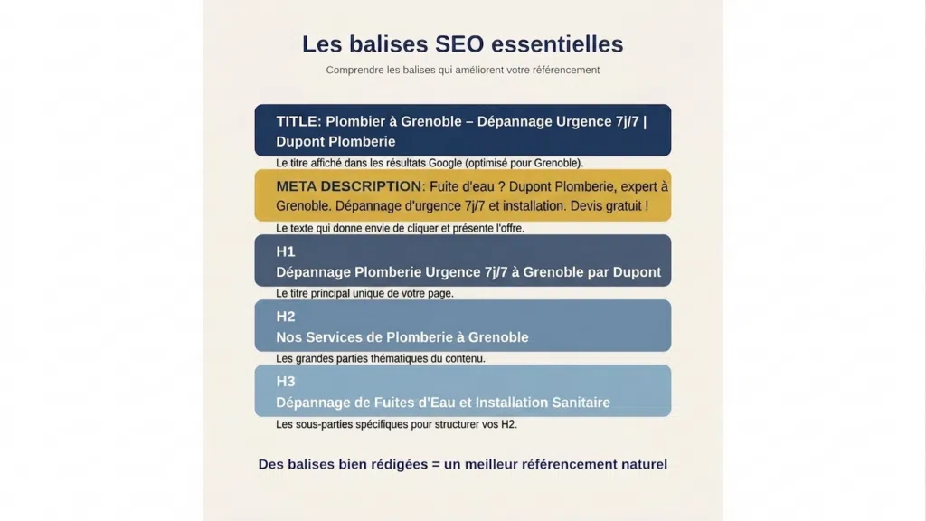 Infographie explicative des balises SEO essentielles : title, meta description, H1, H2 et H3, illustrées avec des exemples concrets pour un plombier à Grenoble.