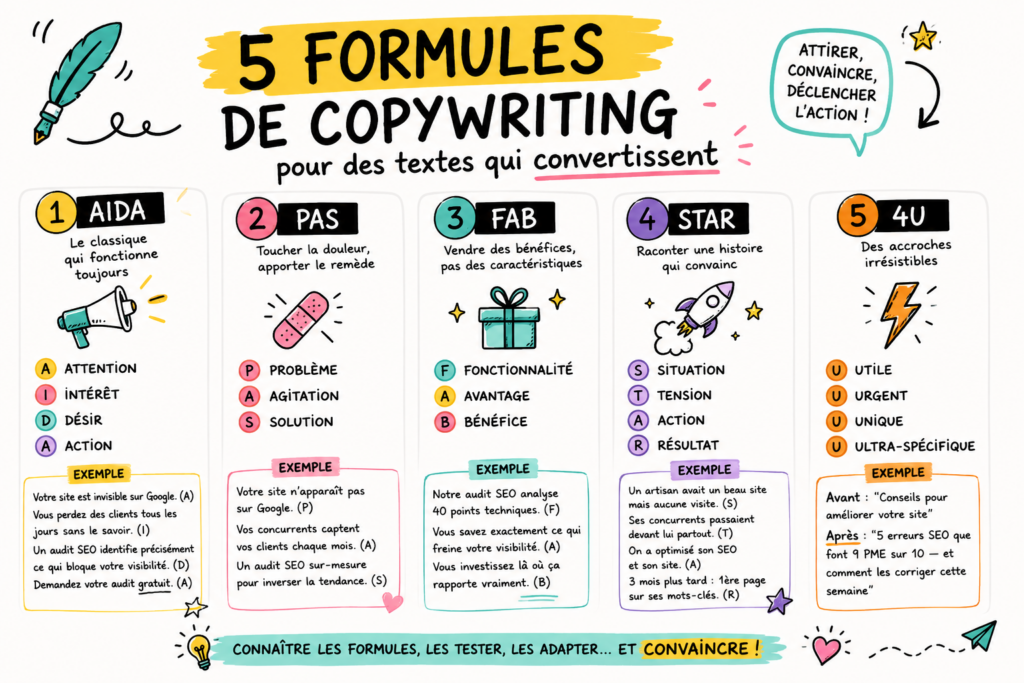 Infographie présentant les 5 formules de copywriting pour des textes qui convertissent : AIDA, PAS, FAB, STAR et 4U, avec le détail des étapes et un exemple concret pour chacune.