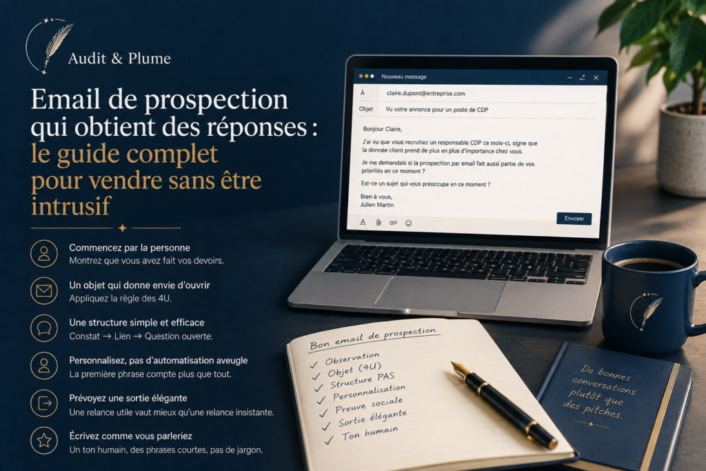 Illustration d'un email de prospection personnalisé sur un ordinateur, représentant les bonnes pratiques de copywriting pour obtenir plus de réponses.