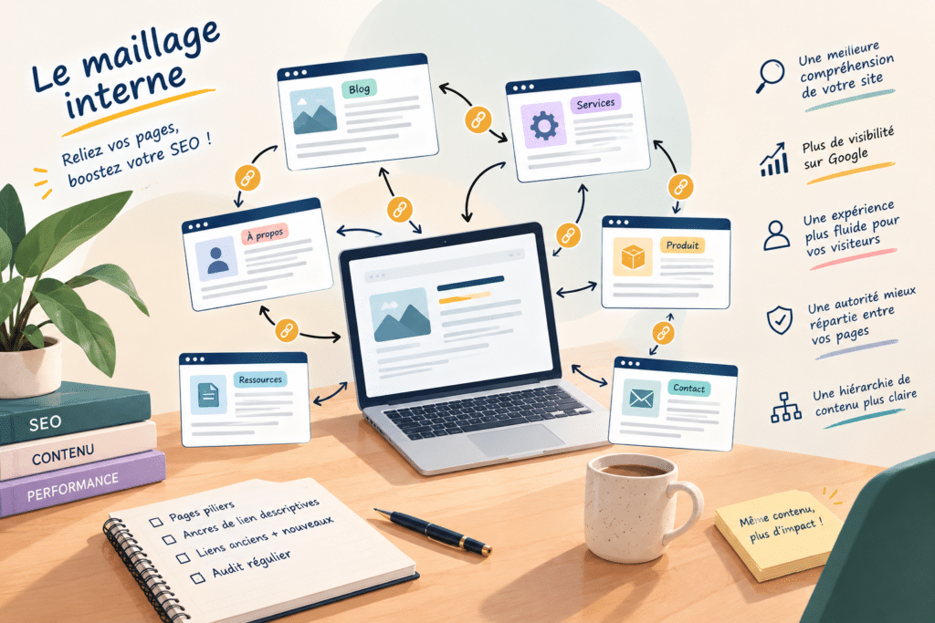 Illustration du maillage interne reliant les pages d’un site pour améliorer le référencement SEO