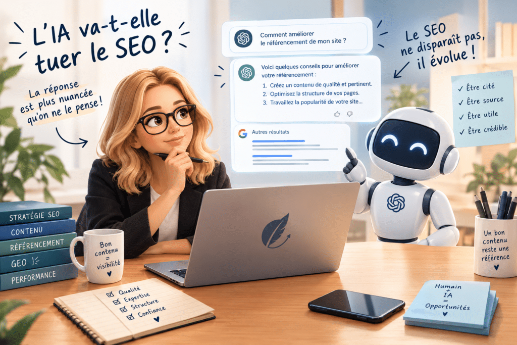 IA va-t-elle tuer le SEO ? Illustration d’une experte SEO face à une intelligence artificielle, symbolisant l’évolution du SEO vers le GEO